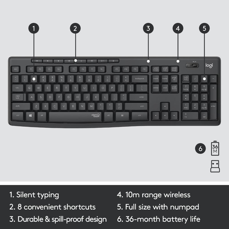 Logitech MK295 Wireless Mouse & Keyboard Combo with SilentTouch Technology, Full Numpad, Advanced Optical Tracking, Lag-Free Wireless, 90% Less Noise