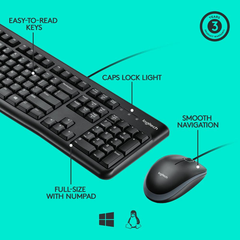 Logitech Desktop MK120 Durable, Comfortable, USB Mouse and Keyboard Combo