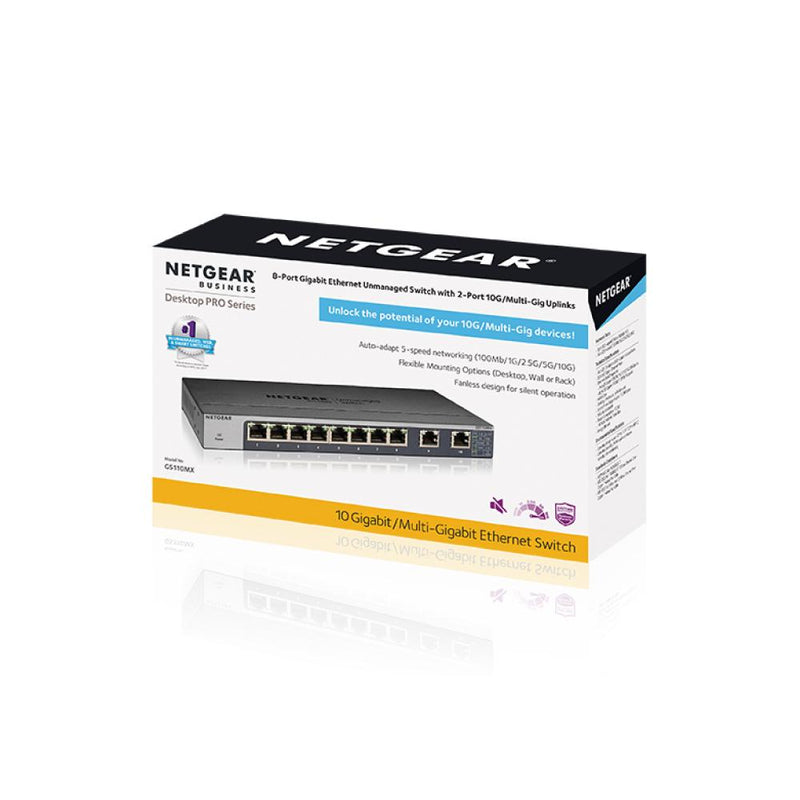 NETGEAR GS110MX 10-Port Gigabit/10G Ethernet Unmanaged Switch - with 2 x 10G/Multi-gig, Desktop/Rackmount, and ProSAFE Limited Lifetime Protection