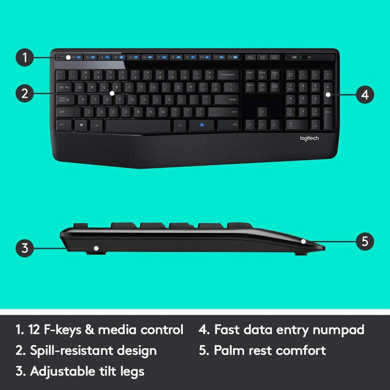 Logitech MK345 Wireless Keyboard & Mouse Full Size Combo with Palm Rest, Textured Mouse Grip, Soft Key ( (Work From Home, Home Based Learning)