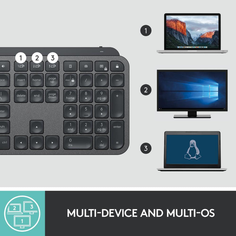 Logitech MX Keys Advanced Wireless Illuminated Keyboard, Tactile Responsive Typing, Backlighting, Bluetooth, USB-C, Apple macOS, Microsoft Windows, Linux, iOS, Android, Metal Build