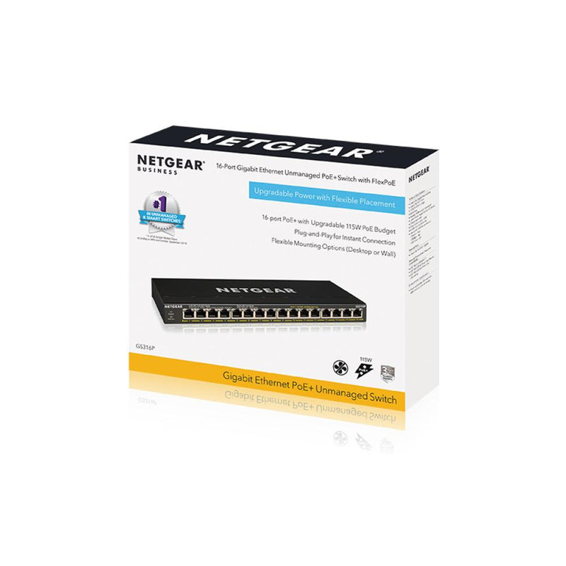NETGEAR 16-Port Gigabit Ethernet Unmanaged PoE+ Switch (GS316P) - with 16 x PoE+ @ 115W, Desktop/Wallmount, Sturdy Metal
