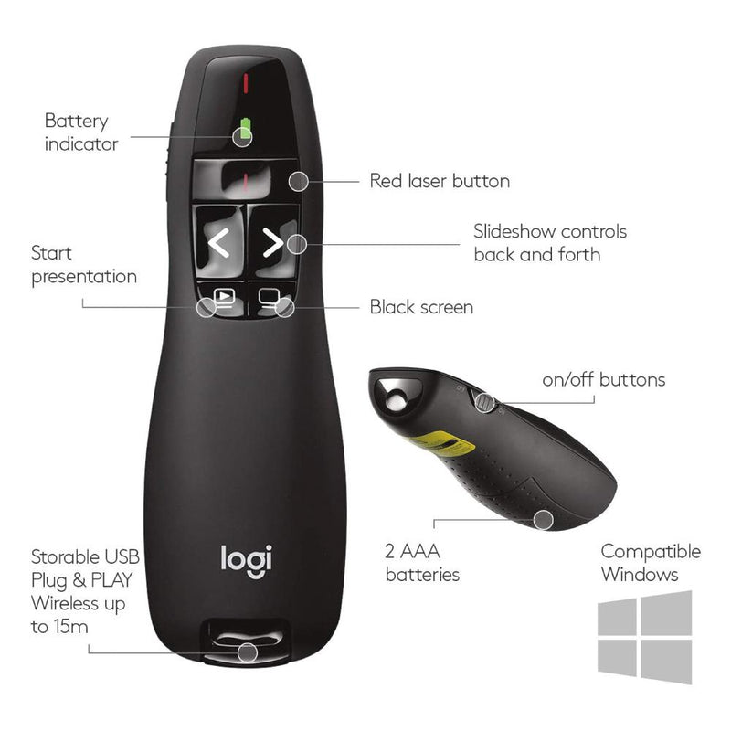 Logitech Wireless Presenter R400, Wireless Presentation Remote Clicker with Laser Pointer