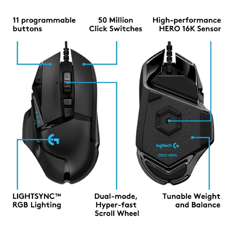 G502 HERO High Performance RGB Gaming Mouse with 11 Programmable Buttons and Personalized Weight and Balance Tuning with (5) 3.6g Weights