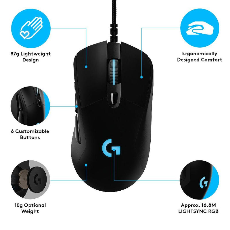 Logitech G403 HERO 25K Gaming Mouse, LIGHTSYNC RGB, Lightweight 87g+10g Optional, Braided Cable, 25,600 DPI, Rubber Side Grips