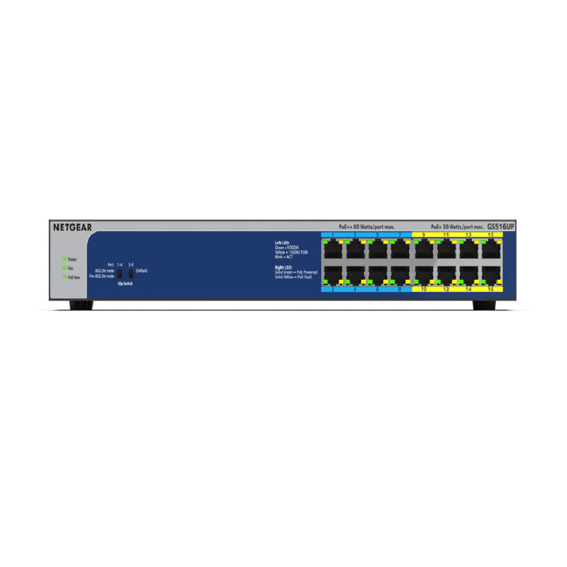 NETGEAR 16-Port Gigabit Ethernet Unmanaged PoE Switch (GS516UP) - with 8 x PoE+ and 8 x Ultra60 PoE++ @ 380W, Desktop or Rackmount