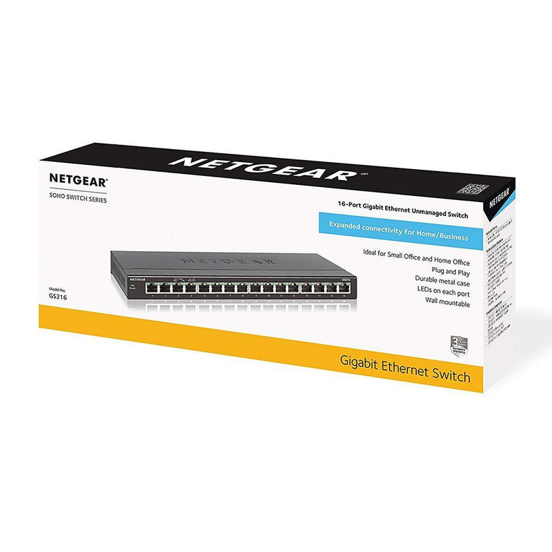 NETGEAR GS316 16-Port Gigabit Ethernet Unmanaged Switch - Desktop, Fanless Housing for Quiet Operation