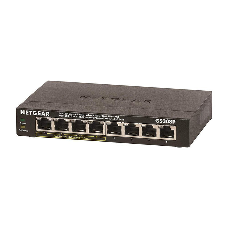 NETGEAR GS308P 8-Port Gigabit Ethernet Unmanaged PoE Switch - with 4 x PoE @ 55W, Desktop, Sturdy Metal Fanless Housing