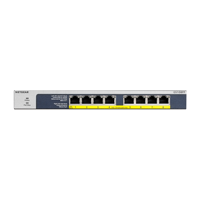 NETGEAR GS108PP 8-Port Gigabit Ethernet Unmanaged PoE Switch - with 8 x PoE+ @ 123W Upgradeable, Desktop/Rackmount, and ProSAFE Limited Lifetime Protection