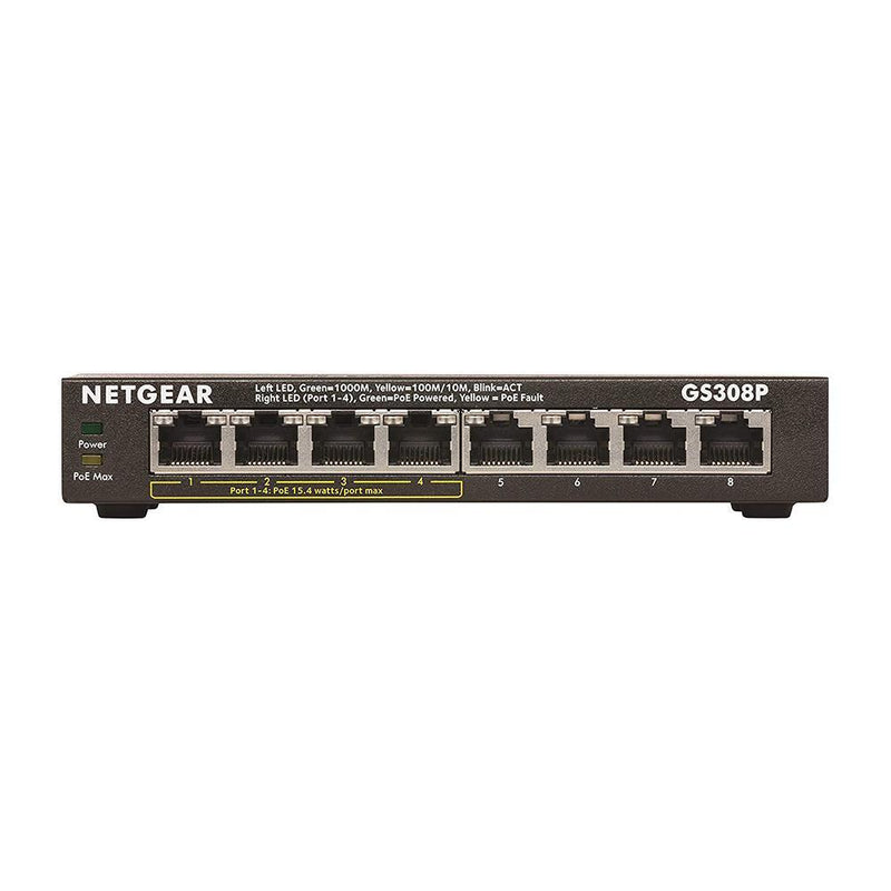 NETGEAR GS308P 8-Port Gigabit Ethernet Unmanaged PoE Switch - with 4 x PoE @ 55W, Desktop, Sturdy Metal Fanless Housing