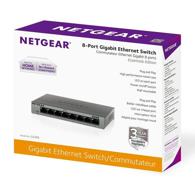 NETGEAR GS308 8-Port Gigabit Ethernet Unmanaged Switch - Desktop, Sturdy Metal Fanless Housing