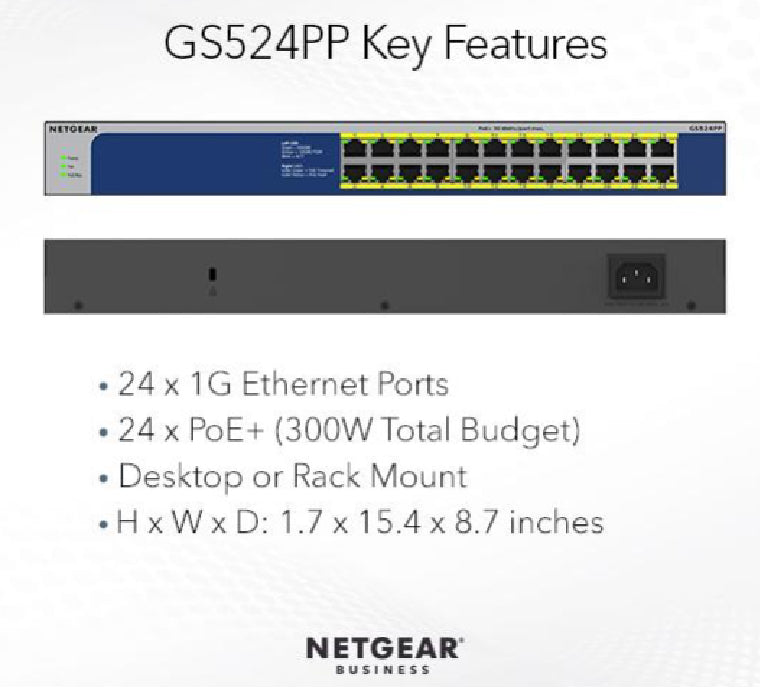 NETGEAR 24-Port Gigabit Ethernet Unmanaged PoE Switch (GS524PP) - with 24 x PoE+ @ 300W, Desktop or Rackmount