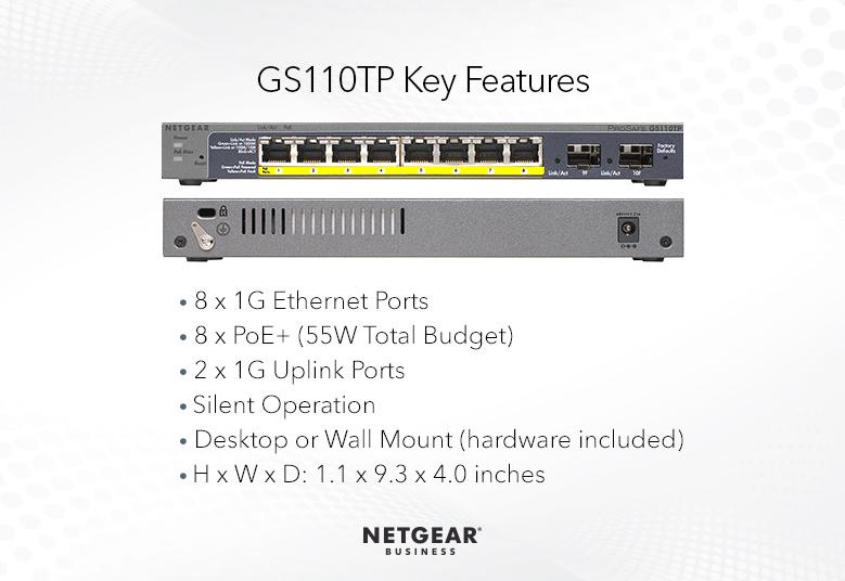 NETGEAR GS110TPv3 8-Port Gigabit Ethernet Smart Managed Pro PoE Switch - with 8 x PoE+ @ 55W