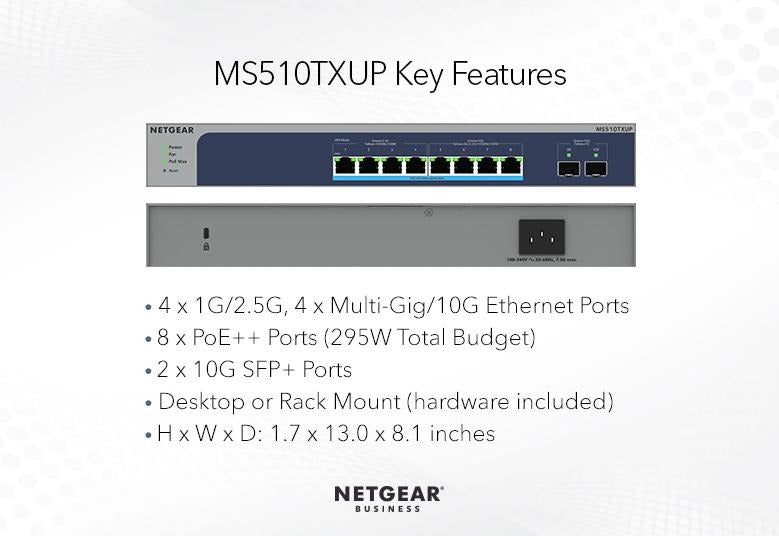 Netgear MS510TXUP: 8-Port Multi-Gigabit/10G Ethernet Ultra60 PoE++ Smart Switch with 2 SFP+ Ports