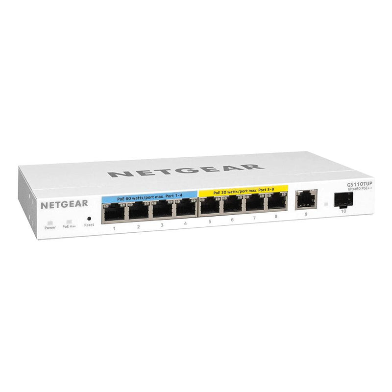 NETGEAR GS110TUP 10-Port Ultra60 PoE Gigabit Ethernet Smart Switch - 8 x 1G, Managed, Optional Insight Cloud Management, 4 x PoE+ and 4 x PoE++ @240W, 2 x 1G Uplinks, Desktop, Wall, or Rackmount