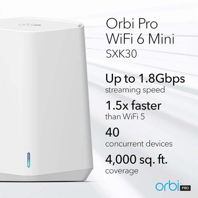 NETGEAR Orbi Pro WiFi 6 Mini Mesh System (SXK30) - Router with 1 Satellite Extender for Home or Office | 4 SSIDs, VLAN, QoS | Coverage up to 4,000 sq. ft. and 40 Devices | AX1800 (Up to 1.8Gbps)