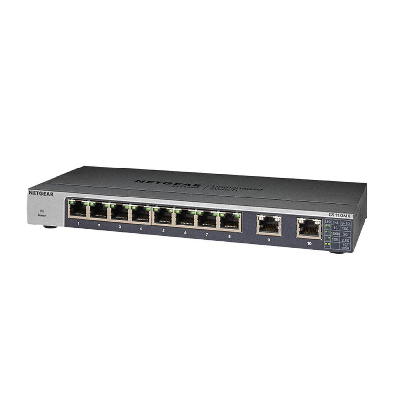 NETGEAR GS110MX 10-Port Gigabit/10G Ethernet Unmanaged Switch - with 2 x 10G/Multi-gig, Desktop/Rackmount, and ProSAFE Limited Lifetime Protection