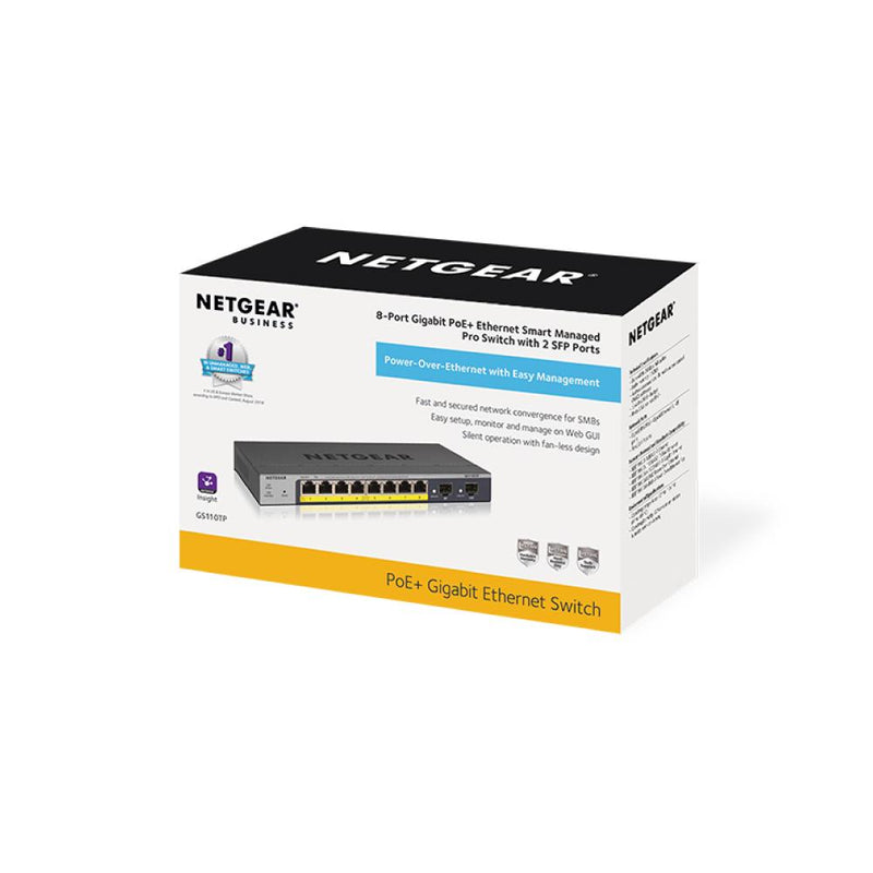 NETGEAR 8-Port PoE Gigabit Ethernet Smart Switch (GS110TP) - Managed with 8 x PoE+ @ 55W, 2 x 1G SFP, Desktop