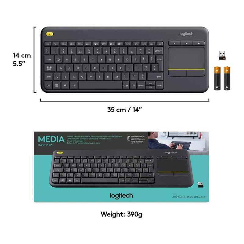 Logitech K400 Plus Black TV Plus Unifying Keyboard with Android Keys and Integrated Touchpad, TV-Connected PC