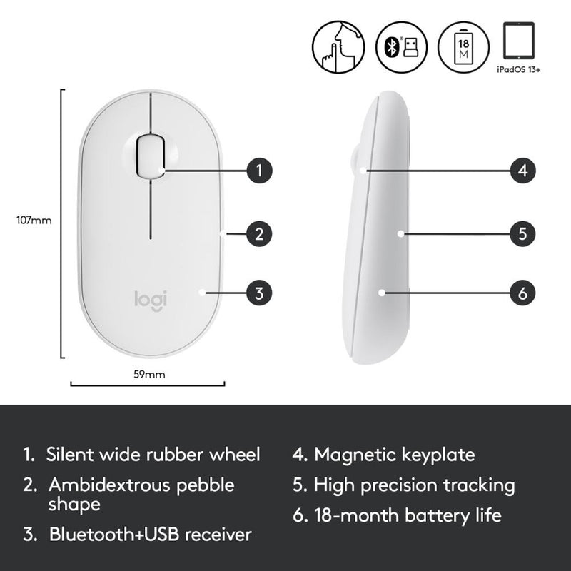 Logitech Pebble M350 Wireless Mouse with Bluetooth or 2.4 GHz Receiver, Silent, Slim Computer Mouse with Quiet Click For Laptop, Notebook, iPad, PC and Mac