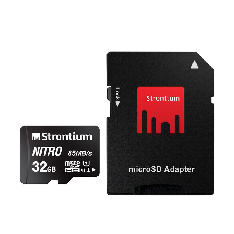 Strontium Nitro 32GB Micro SDHC Memory Card 85MB/s UHS-I U1 Class 10 w/Adapter High Speed For Smartphones Tablets Drones Action Cams (SRN32GTFU1QA)