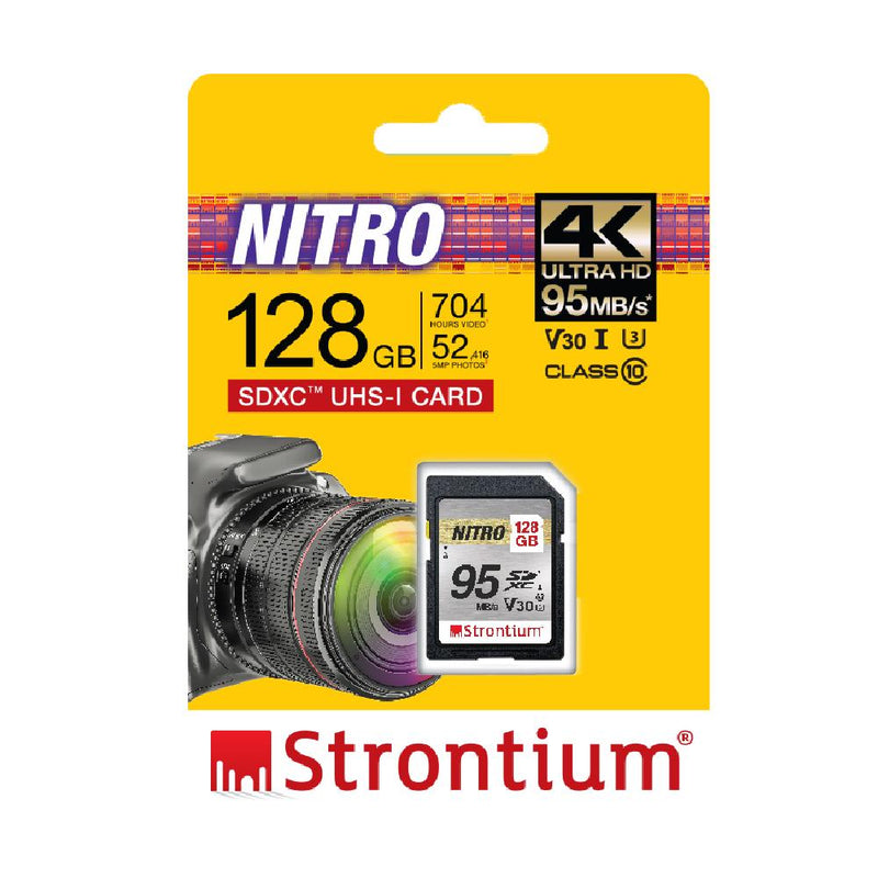 Strontium Nitro 128GB SD SDXC 95MB/s UHS-I U3 V30 Class 10 Flash Memory Card for Camera