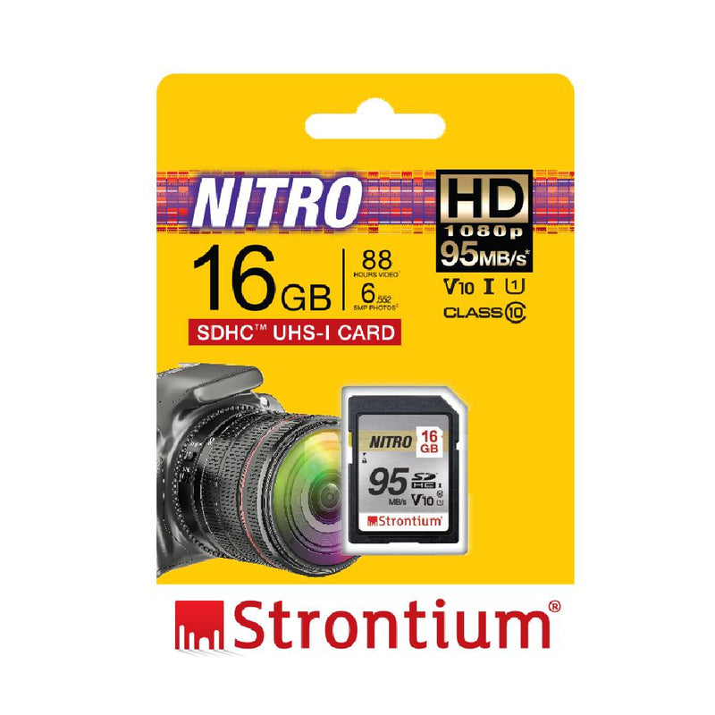 Strontium Nitro 16GB SD SDHC 95MB/s UHS-I U1 V10 Class 10 Flash Memory Card for Camera