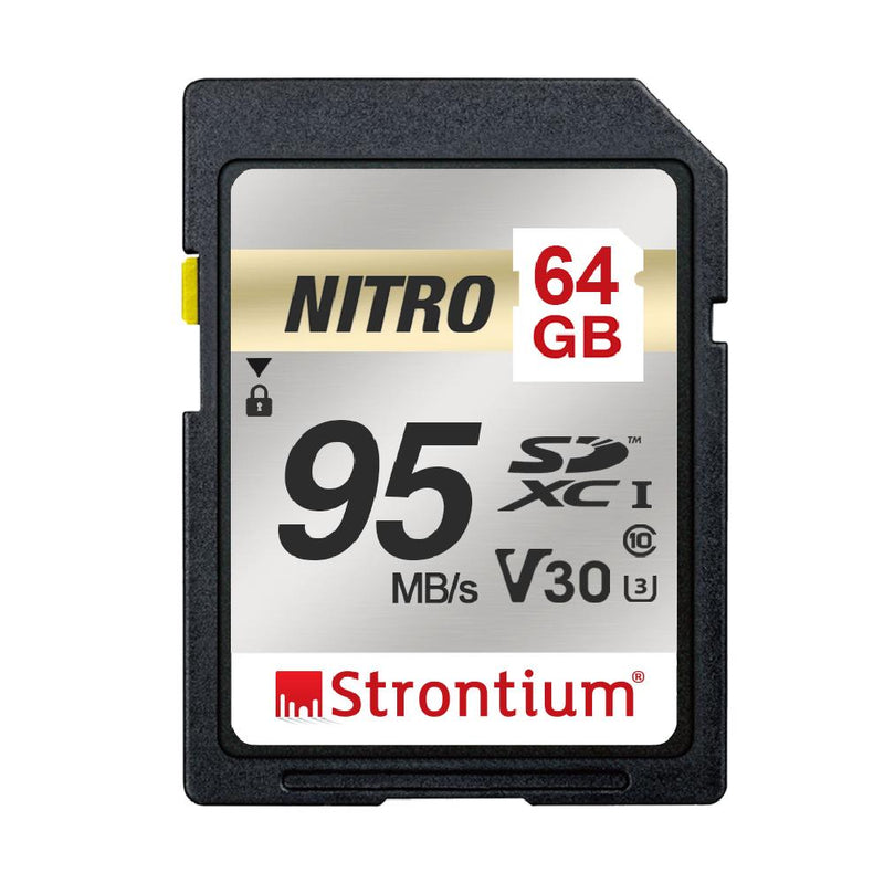 Strontium Nitro 64GB SD SDXC 95MB/s UHS-I U3 V30 Class 10 Flash Memory Card for Camera