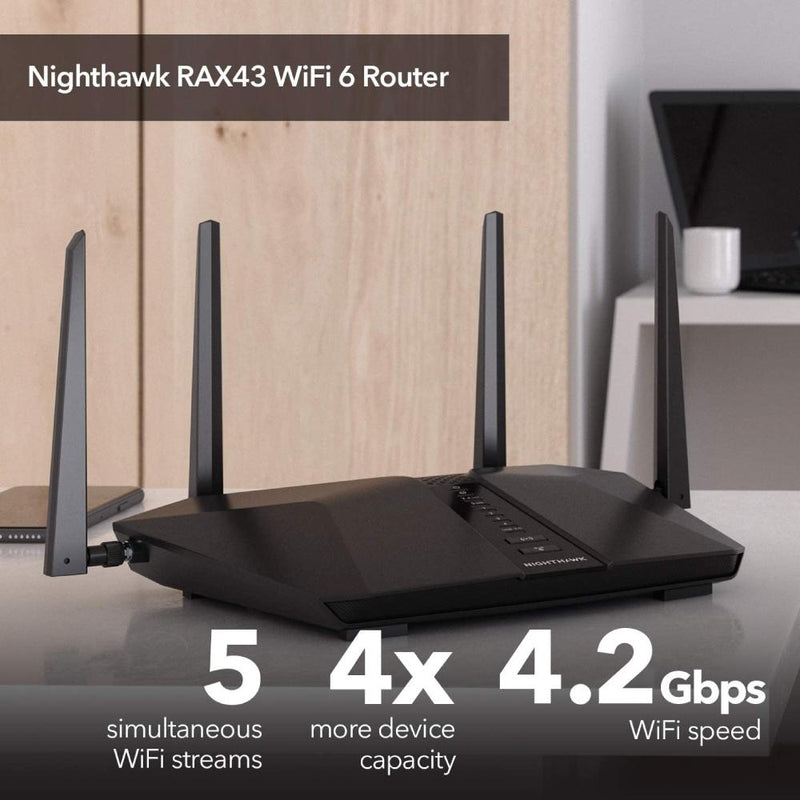 NETGEAR RAX43 Nighthawk 5-Stream AX5 WiFi 6 Router – AX4200 Wireless Speed (Up to 4.2 Gbps) | 2,000 sq. ft. Coverage