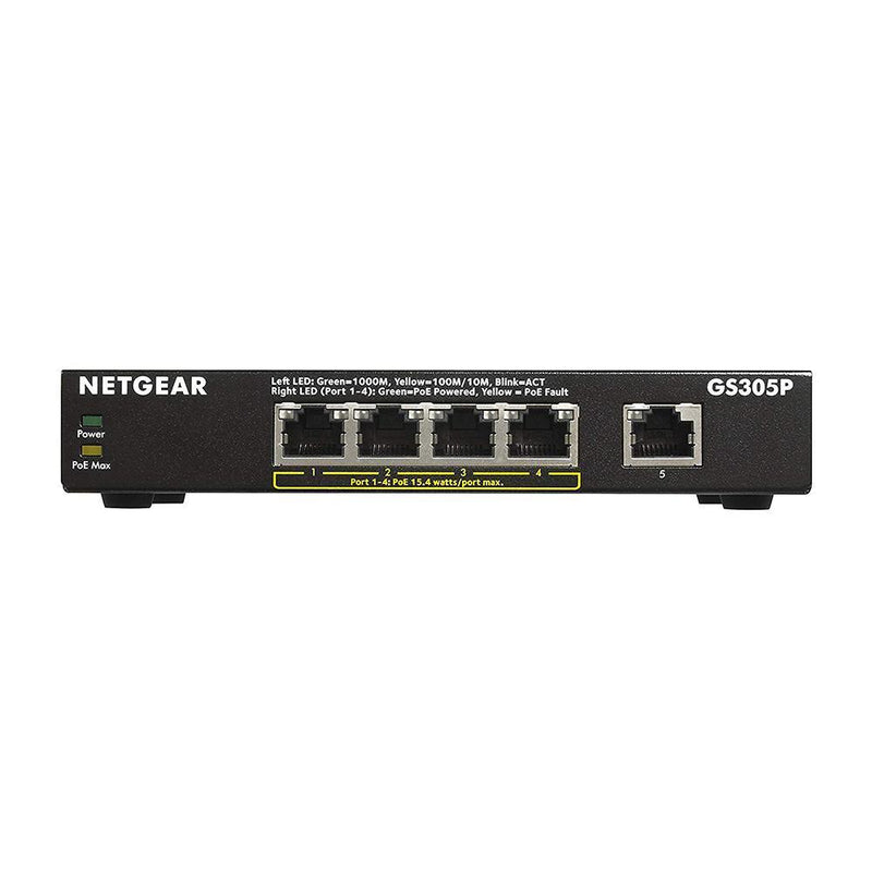 NETGEAR GS305P 5-Port Gigabit Ethernet Unmanaged PoE Switch - with 4 x PoE @ 55W, Desktop, Sturdy Metal Fanless Housing
