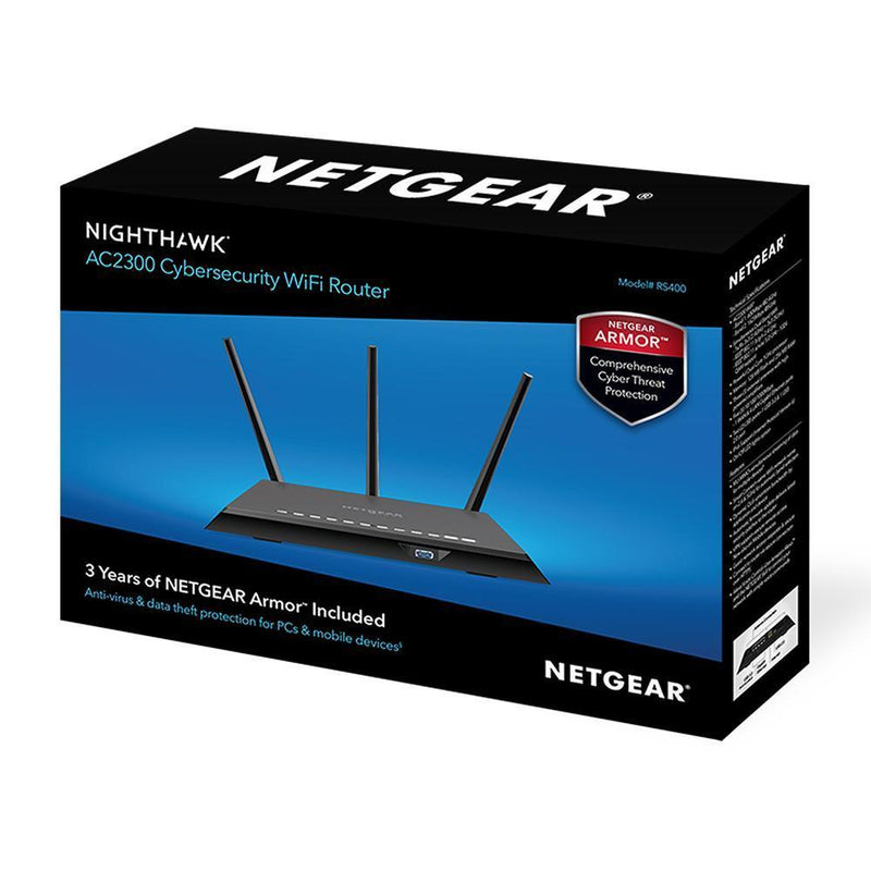 NETGEAR Nighthawk Cybersecurity Smart WiFi Router (RS400) - AC2300 Wireless Speed (up to 2300 Mbps) 4 x 1G Ethernet and 2 USB Ports Includes 3 Years of Armor Security